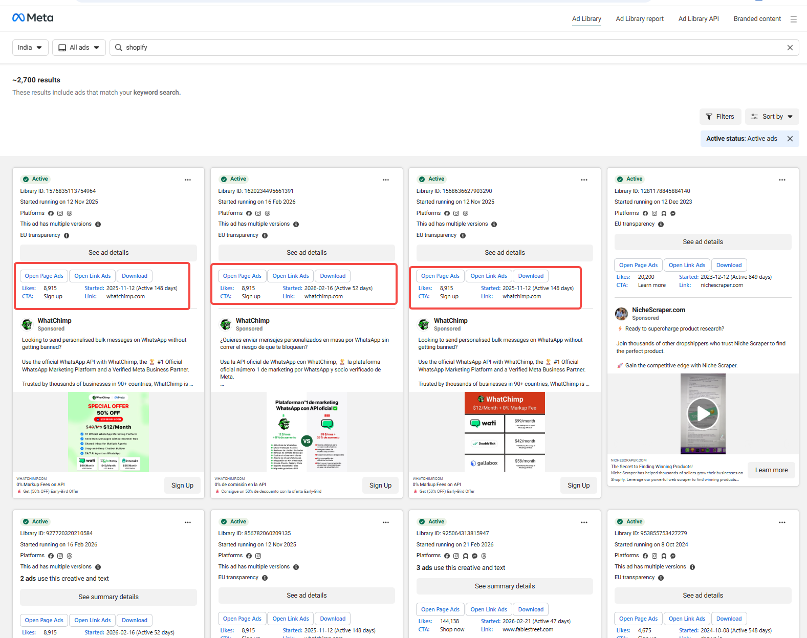 Screenshot of AdLib Pro adding metrics and action buttons to an ad card in the Meta Ad Library