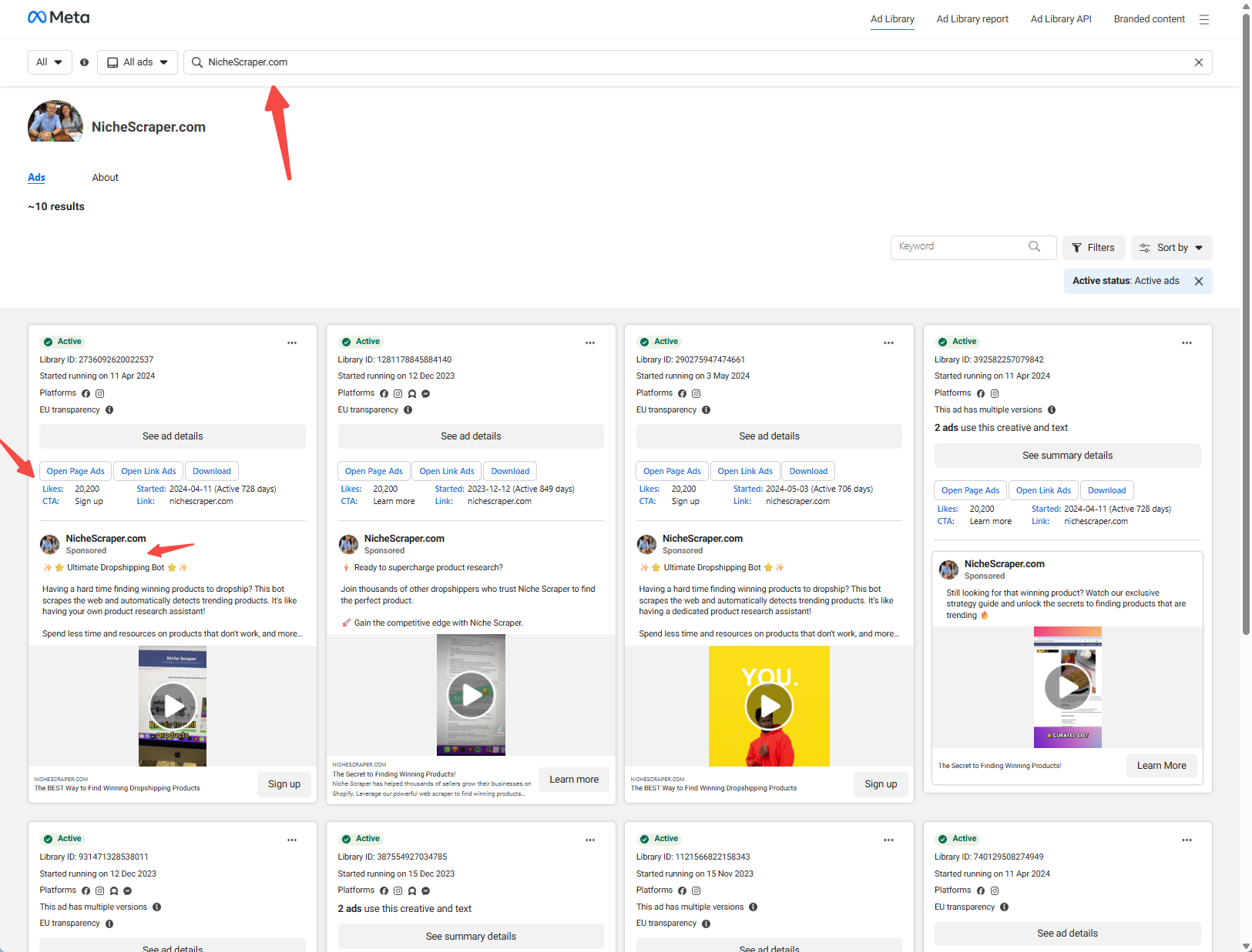 Ad Library list view with likes, CTA, start date, active days, link, and action buttons